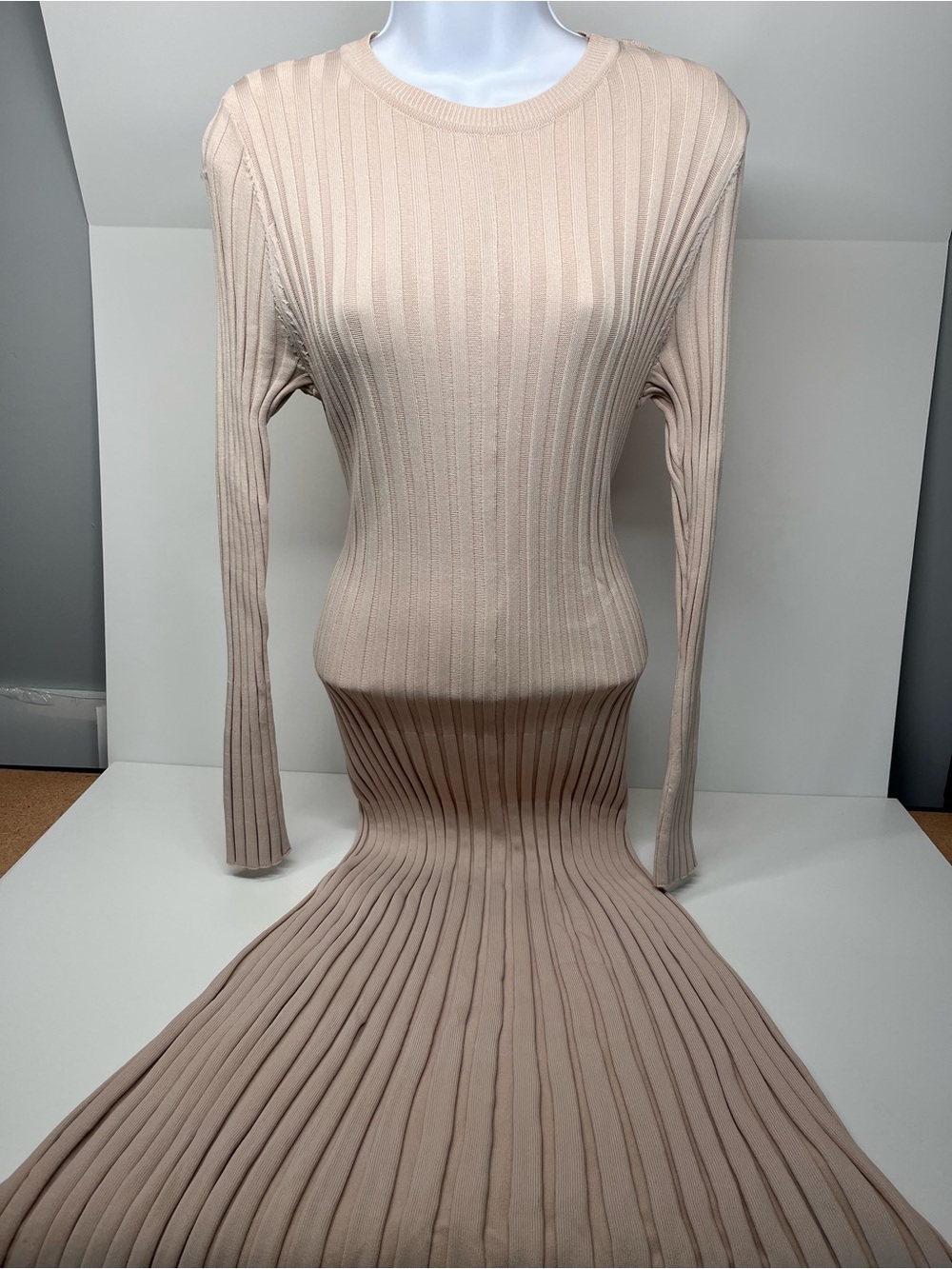 DISSH Ribbed Knit Long-Sleeve Dress in Blush Beige